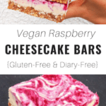 pink raspberry cheesecake bars being held and on plate