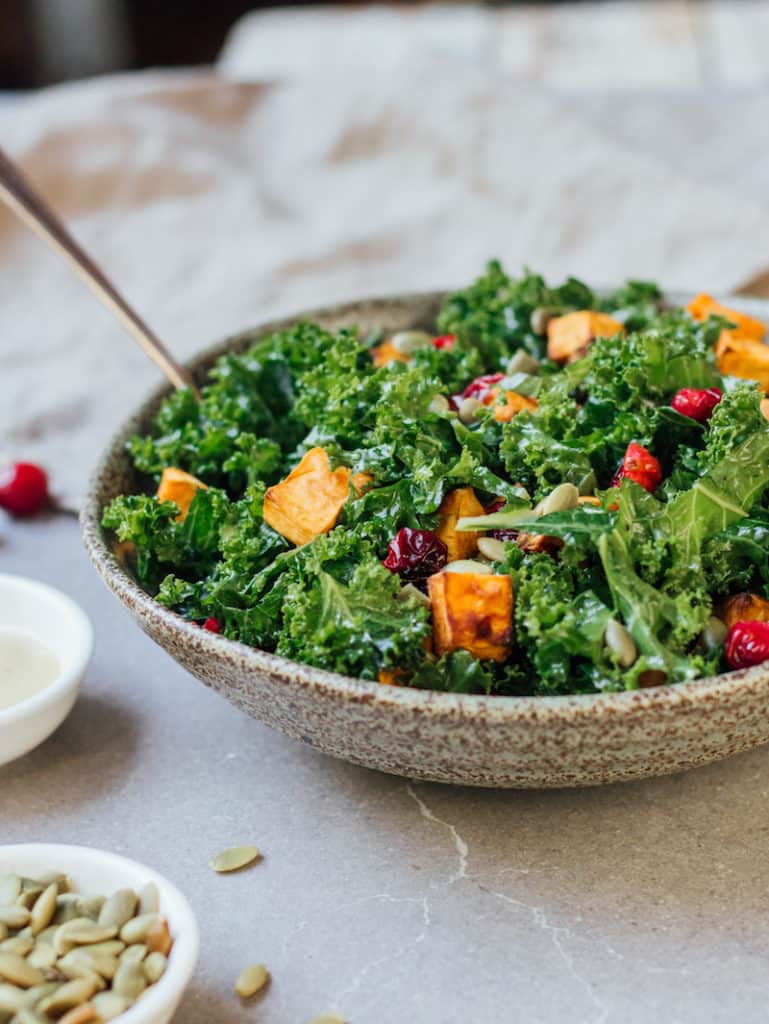 Kale salad with roasted sweet potato and cranberries - Choosing Chia