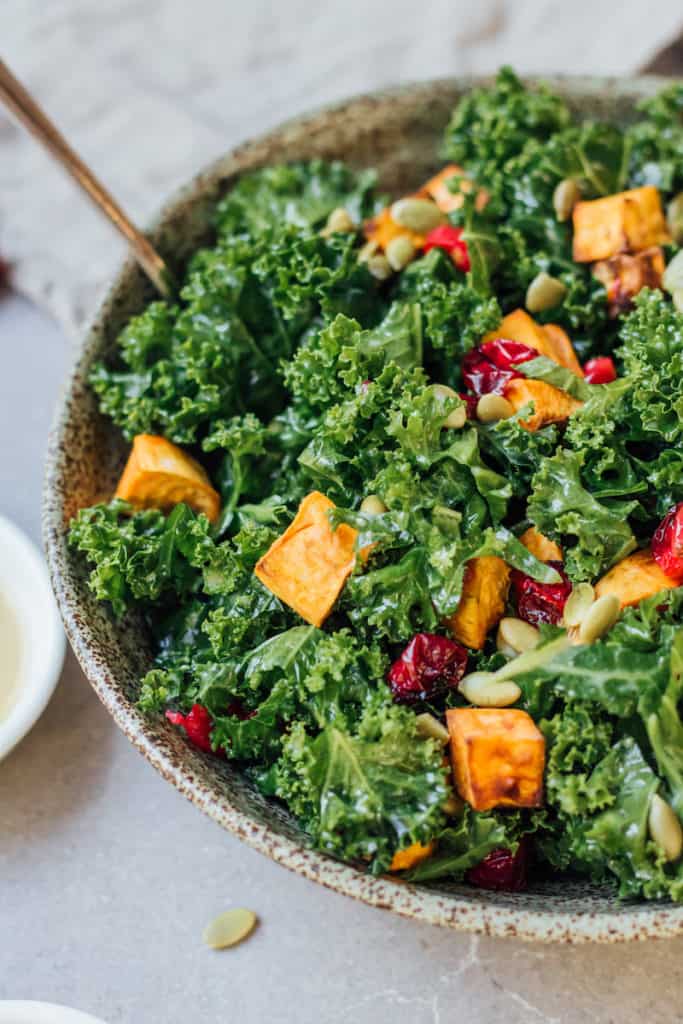 Kale salad with roasted sweet potato and cranberries 