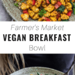 vegan breakfast bowl with avocado, potatoes and chickpeas in a bowl