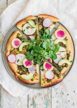 chickpea crust pizza with walnut pesto