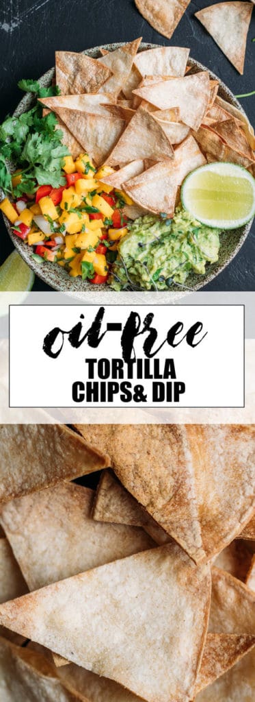 choosingchia.com-These oil-free baked tortilla chips are a healthy snack or appetizer! Made with 2 dips on the side: guacamole and mango salsa!