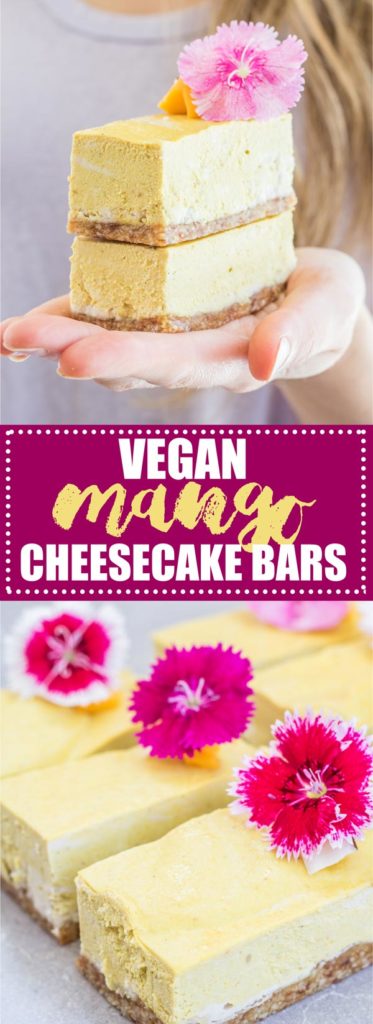 Choosingchia.com- These vegan mango cheesecake bars are the perfect spring treat! Store them in your freezer and have bars ready to go!