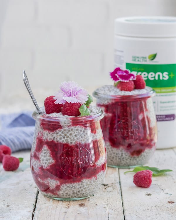 Chia pudding with quick raspberry basil compote