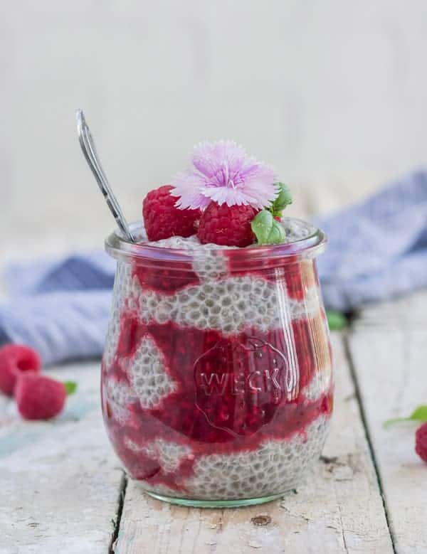 Chia pudding with quick raspberry basil compote