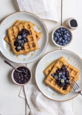 Cornbread waffles with blueberry compote
