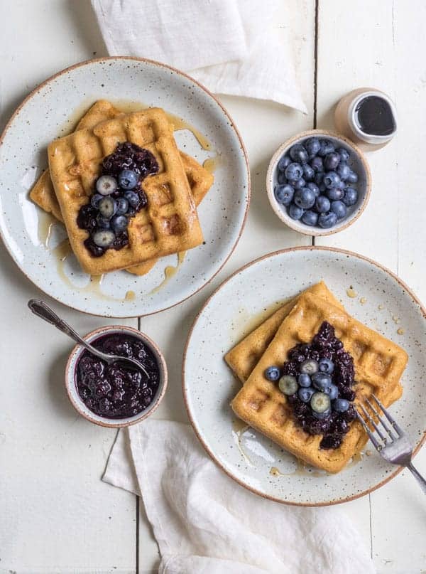 Cornbread waffles with blueberry compote