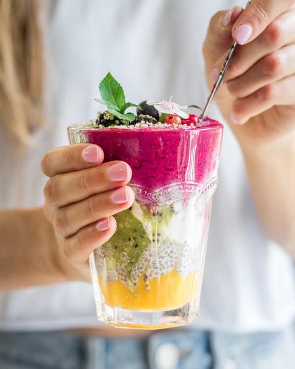 layered chia pudding with mixed fruit puree