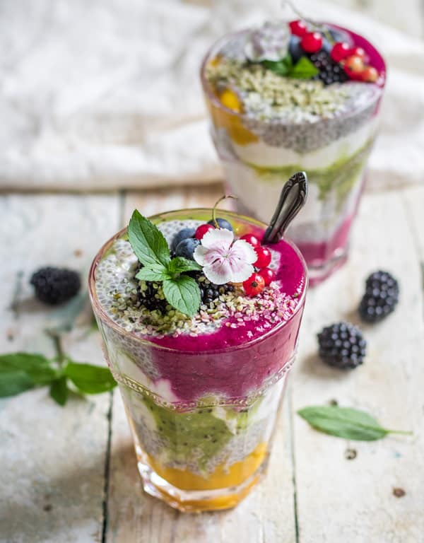 layered chia pudding with mixed fruit puree