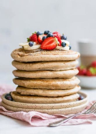 Whip up a batch of these healthy vanilla buckwheat pancakes for breakfast or brunch. They're oh-so fluffy and delicious!