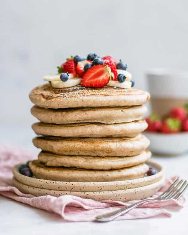 vegan buckwheat pancakes stacked on plate