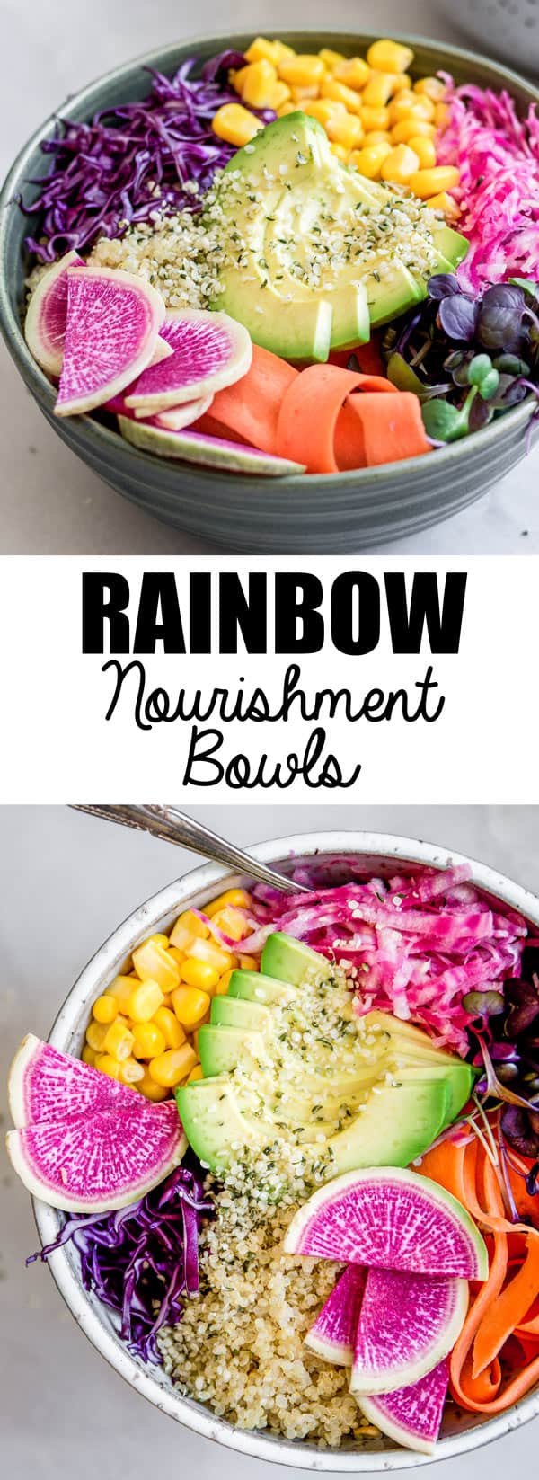 These rainbow nourishment bowls with maple tahini dressing are a healthy, nutritious and vegan meal. you won't believe how easy they are to put together!
