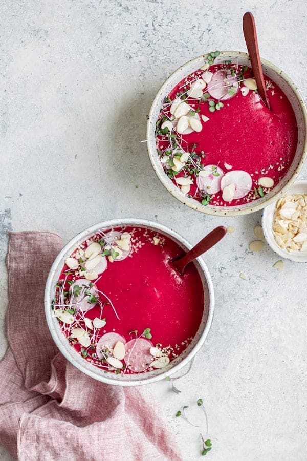 vegan beet, potato, and leek soup