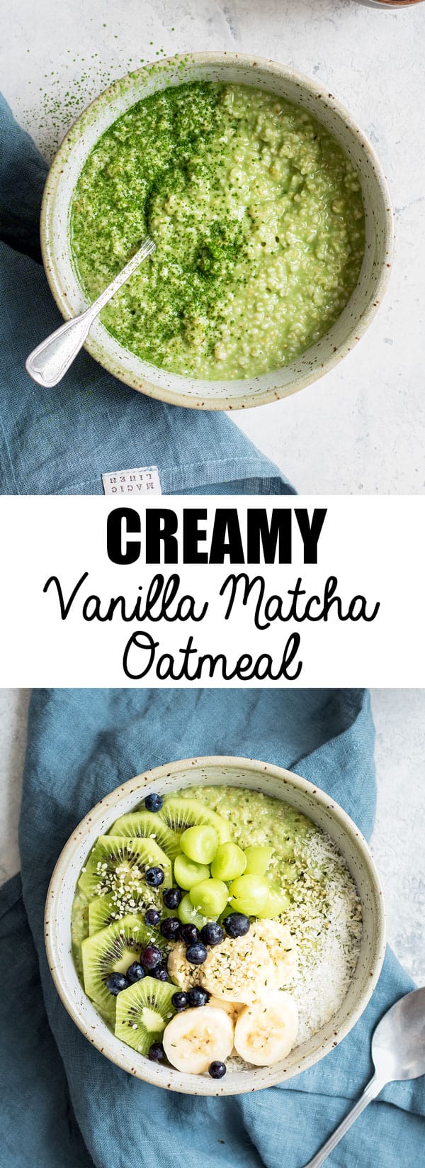 This creamy vanilla matcha oatmeal is a healthy and easy breakfast recipe made with steel-cut oats!