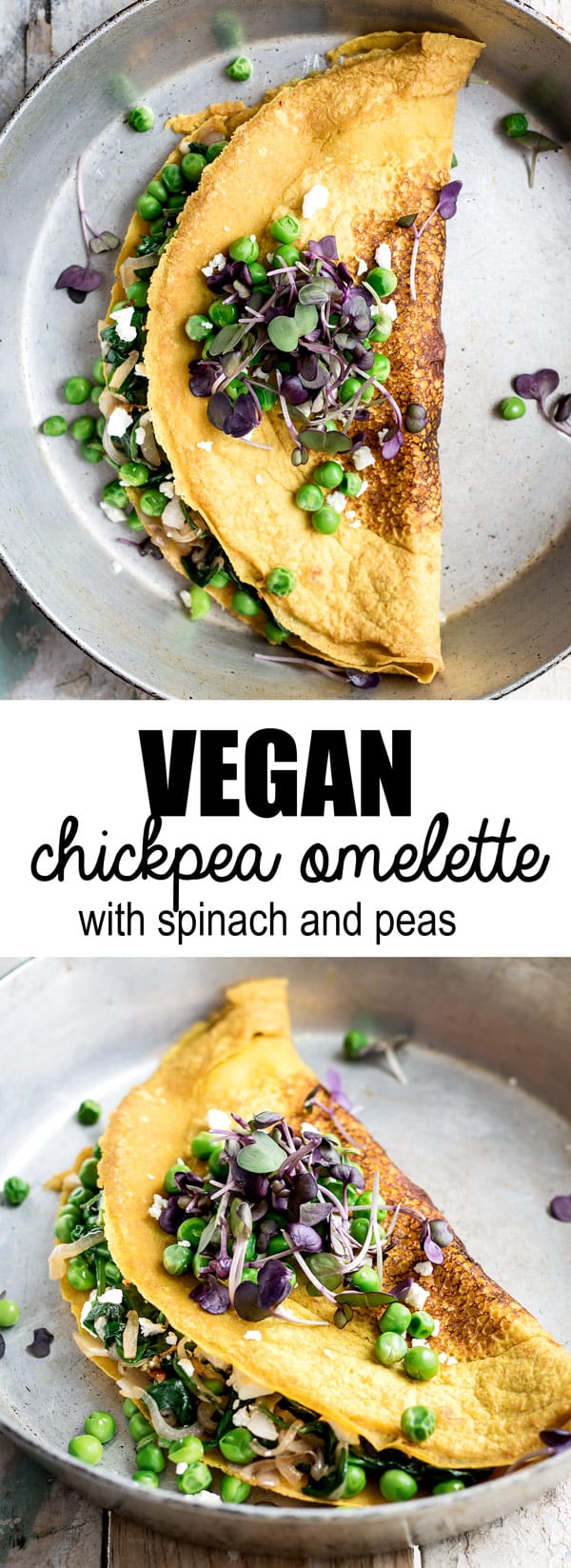 You won't believe how easy it is to make this chickpea omelette with spinach and spring peas! This vegan and gluten-free breakfast is made from chickpea flour for a healthy breakfast!