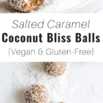 bliss balls rolled in coconut shavings with one half eaten