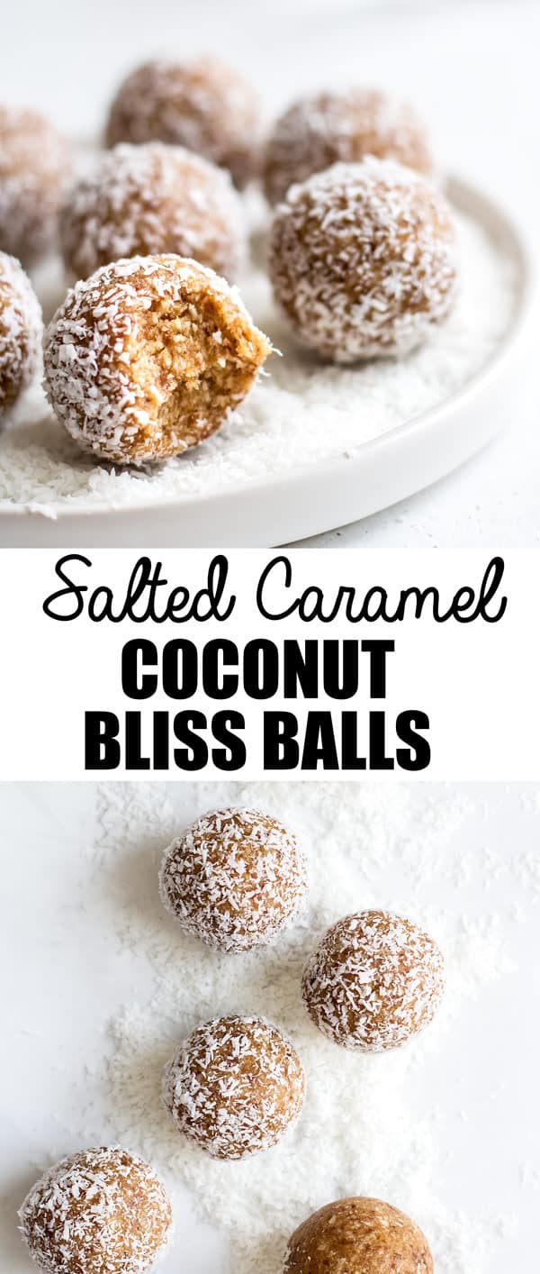 These salted caramel coconut bliss balls are a healthy all natural snack that you only need 4 ingredients to make!