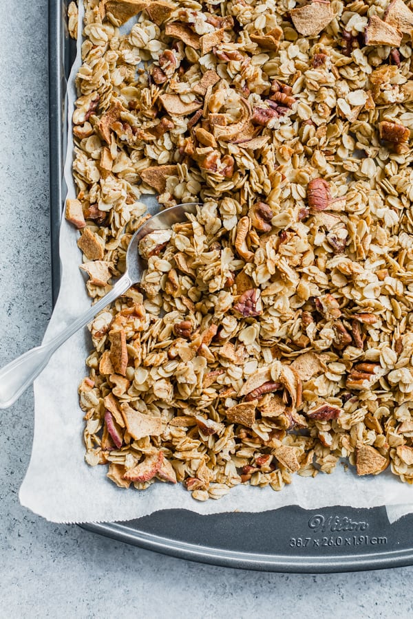 a baking pan with apple pie granola in it