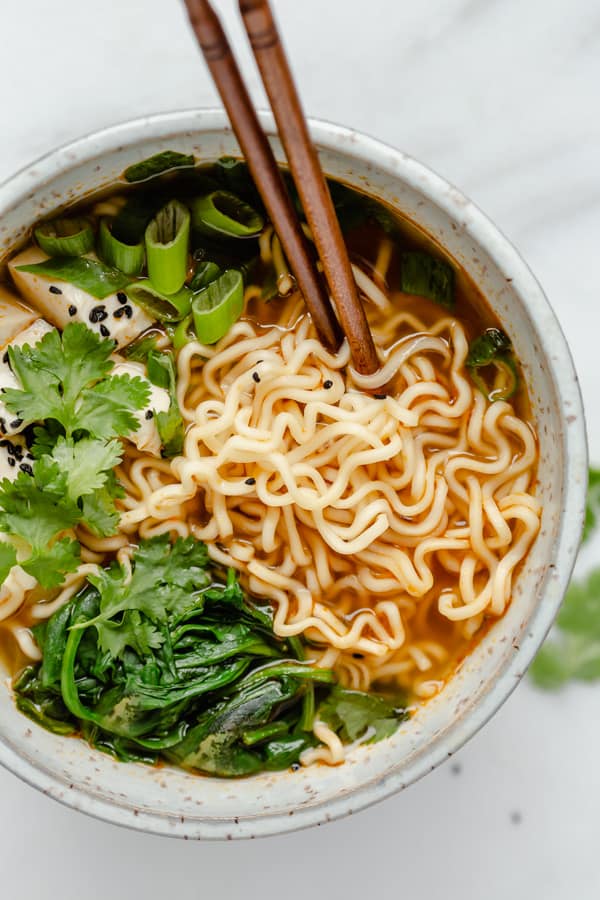 vegan ramen noodles soup with chopsticks