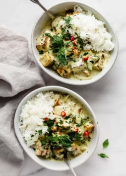 two bowls of thai green curry tofu