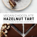 A vegan chocolate hazelnut tart topped with crushed hazelnuts on a plate