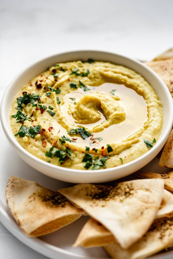 close up of a curried white bean dip 