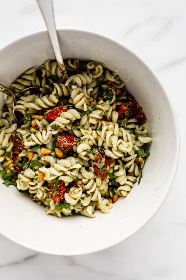 pesto pasta salad in a bowl