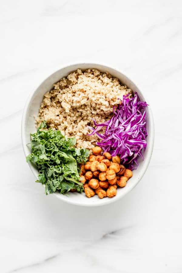 quinoa, cabbage, chickpeas and kale in a bowl