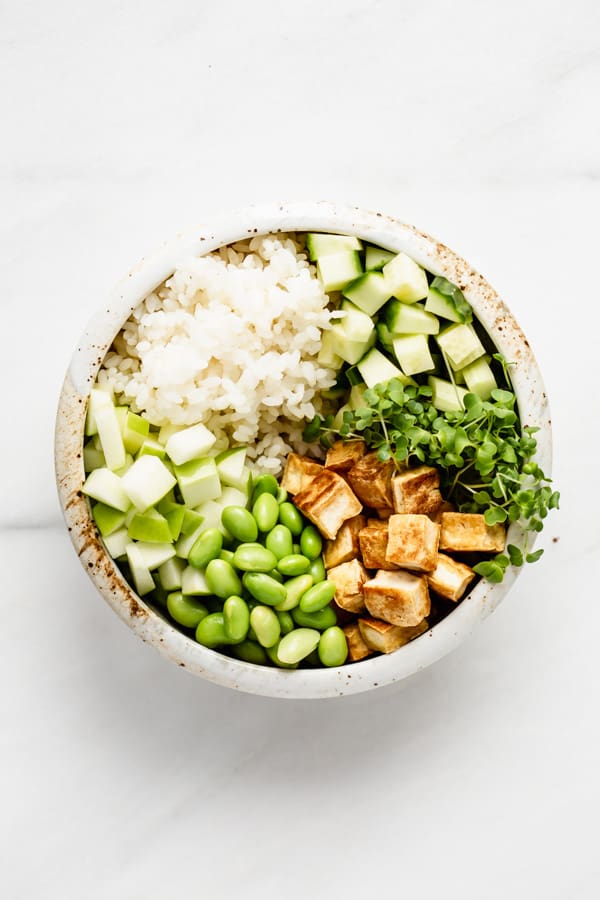 a poke bowl with tofu