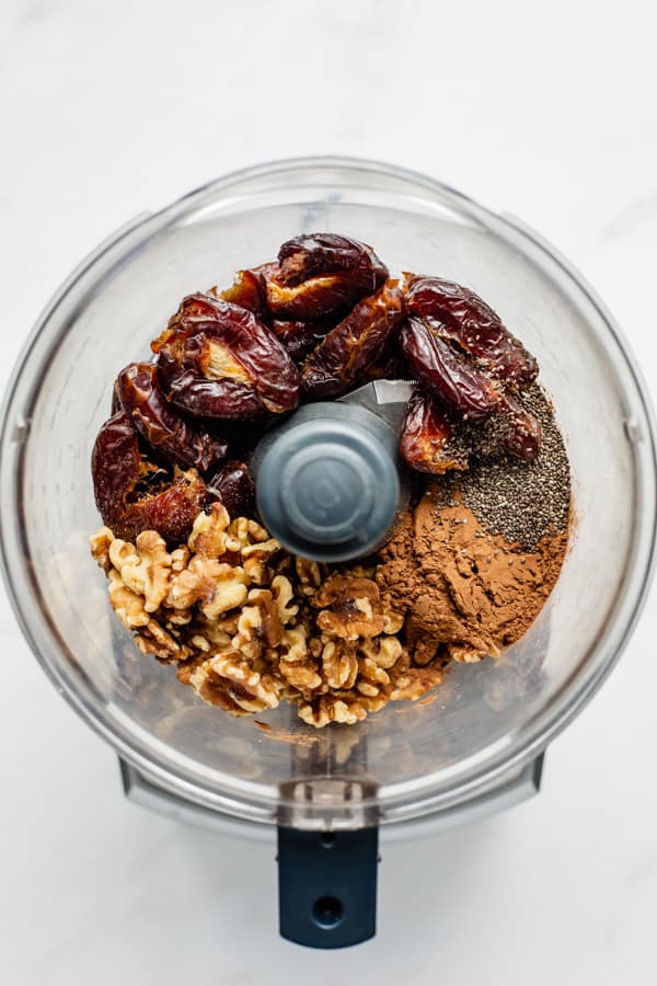dates, walnuts cocoa and chia seeds in a food processor