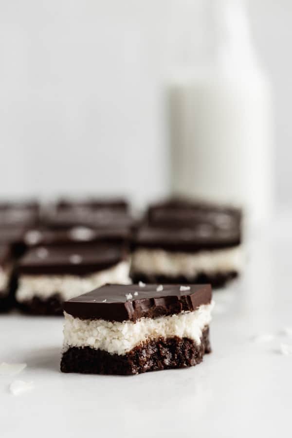 no bake chocolate coconut brownies in a marble board