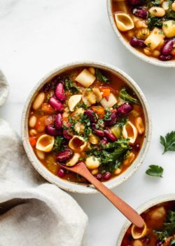 3 bowls of vegan minestrone soup
