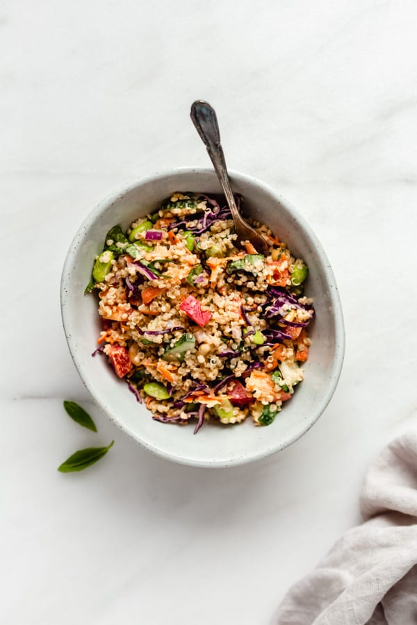 Thai Quinoa Salad in a bowl with a fork in it