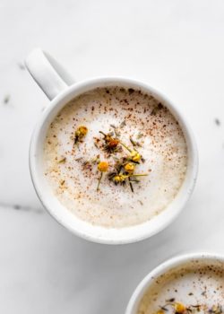 A lavender London fog topped with camomile flowers and lavender