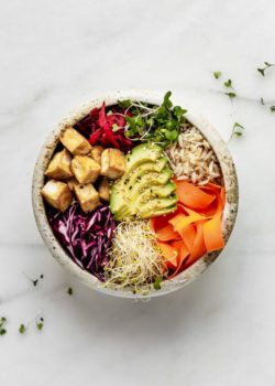a ceramic bowl with avocado, veggies, tofu and brown rice
