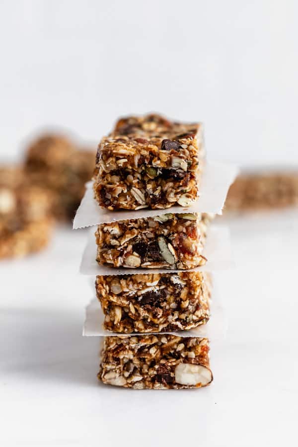a stack of four superfood granola bars