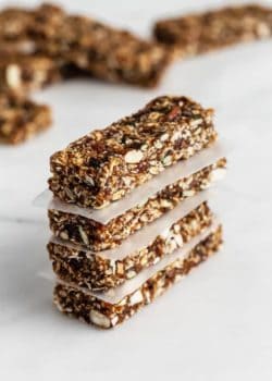 superfood granola bars on a marble board