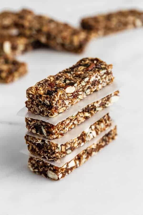superfood granola bars on a marble board