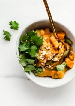 A bowl of vegetable korma with cilantro and crushed cashews on top