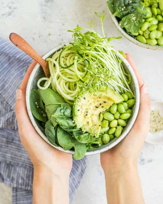 A green goddess bowl with spiralized zucchini, edamame beans, spinach and avocado 