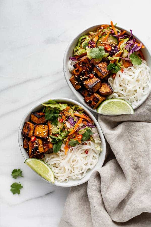 A Vietnamese noodle bowl with lemongrass tofu