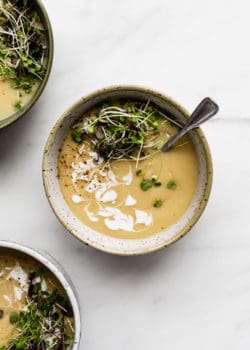 a bowl of roasted garlic soup topped with radish sprouts