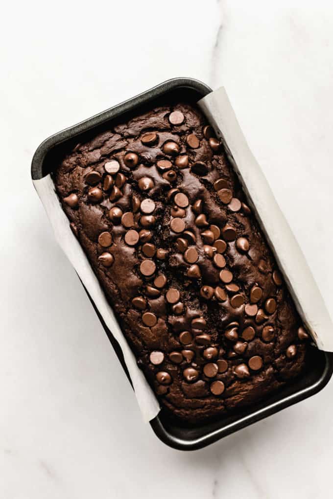 Healthy chocolate pumpkin bread in a baking pan