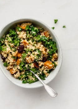 Quinoa and kale salad with sweet potatoes and cranberries in a bowl with a spoon