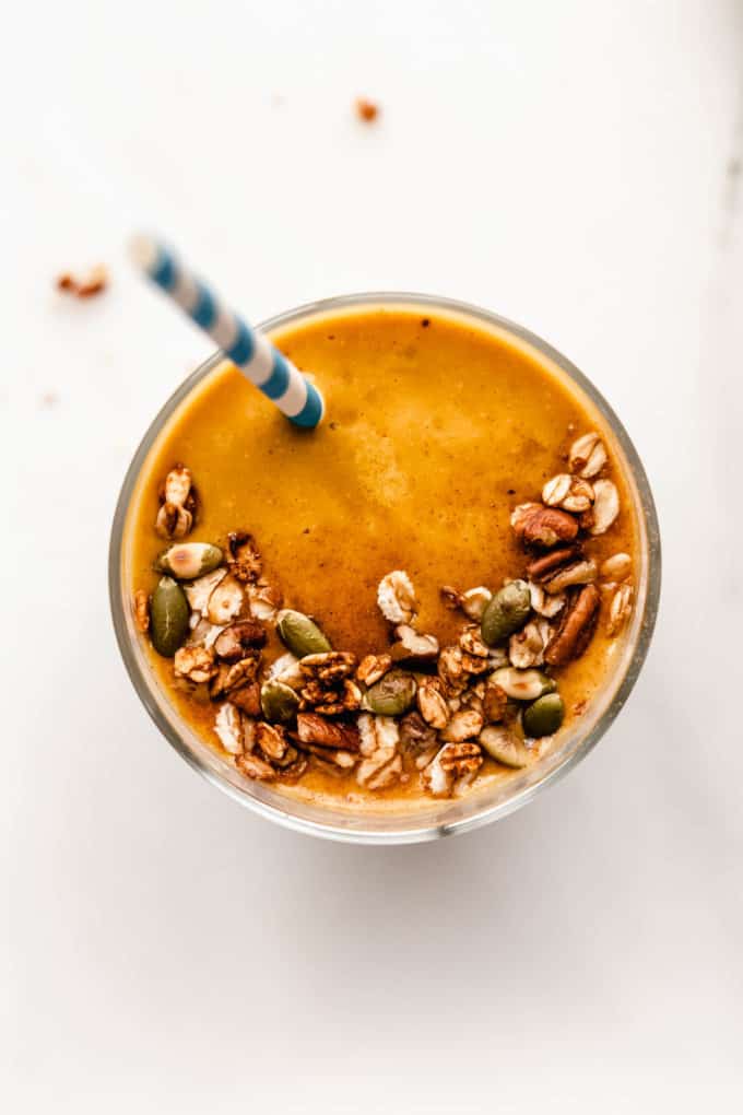 A top down view of a pumpkin pie smoothie