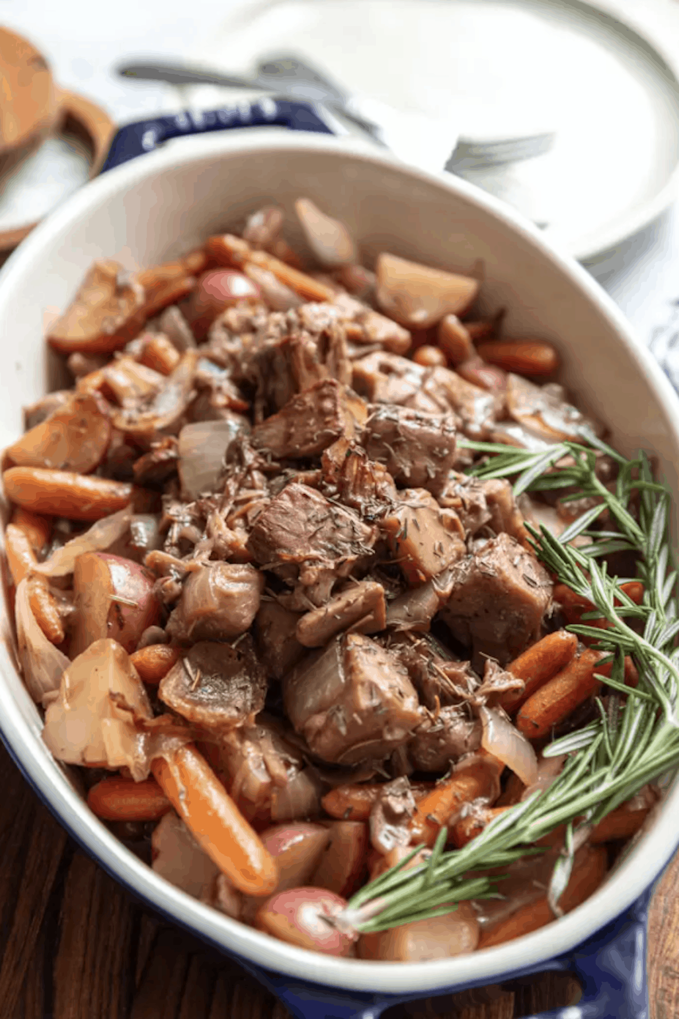 plant-based thanksgiving recipe of pot roast made with jackfruit with carrots, potatoes, and herbs