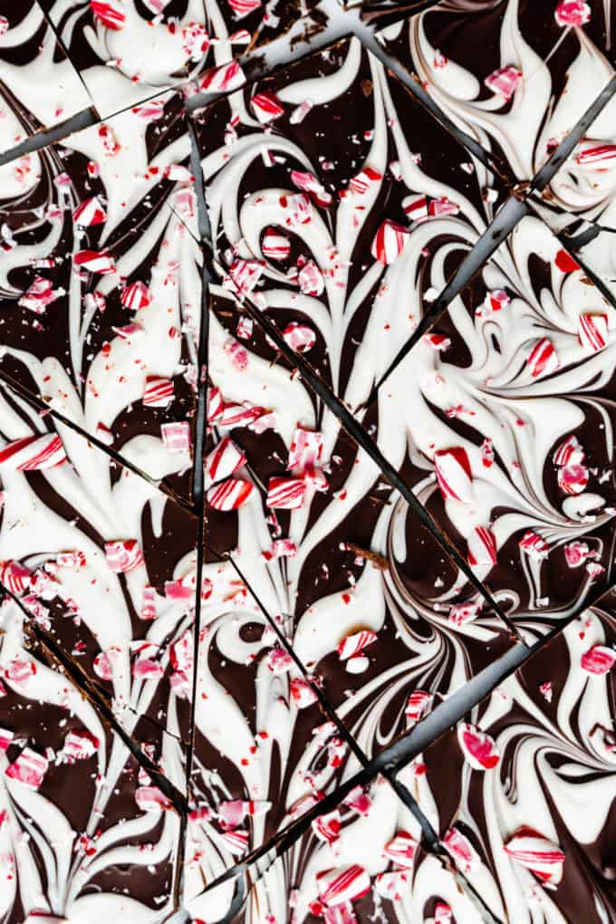 dark and white chocolate marbled together topped with crushed candy canes