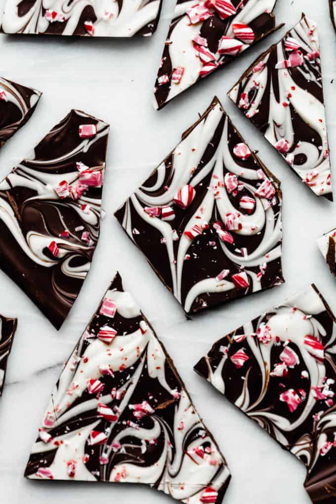 pieces of peppermint bark on a marble tray