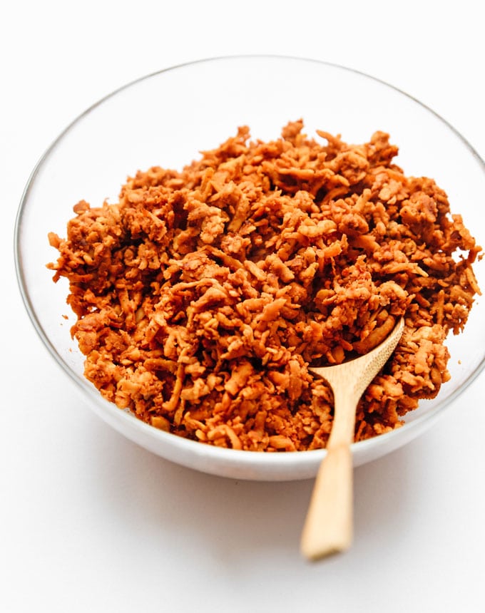 A mixing bowl with tempeh taco meat