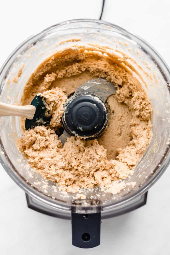 blended chickpea cookie dough in a food processor